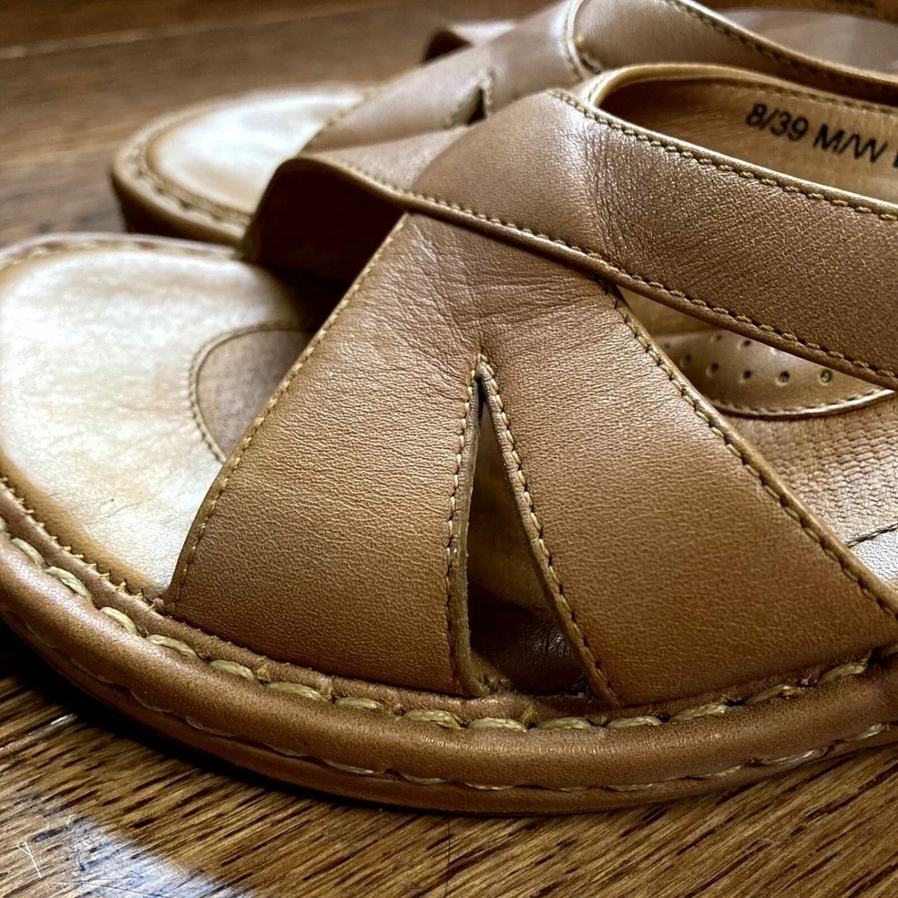 Born Wedge Sandal Womens 8 Tan Brown Leather Slip On 3 inch Heel Slide B8430